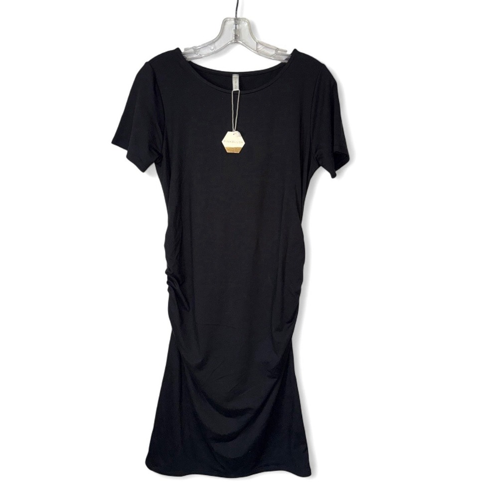 NWT PinkBlush Maternity Dress L Black Ruched Bodycon Fitted Stretch Minimalist